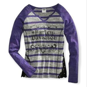 Harley Davidson Purple/ Grey Long Sleeve Lace Side Inset Striped Top Sz L